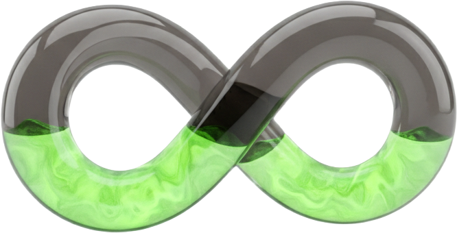 The DYAD mark — a sculpted infinity loop, one loop charcoal ceramic, one loop luminous green glass