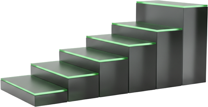 An ascending sculpture of charcoal steps with green light between them — the ratchet